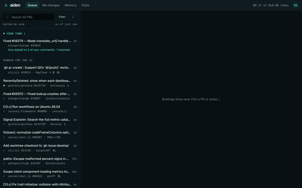 A 14-second loop of Alden in the browser over recorded public PRs: the ranked queue with Your turn, a cli/cli PR's brief, walking through two places, the Comments drawer, and the send dialog, closed with Back so nothing is sent